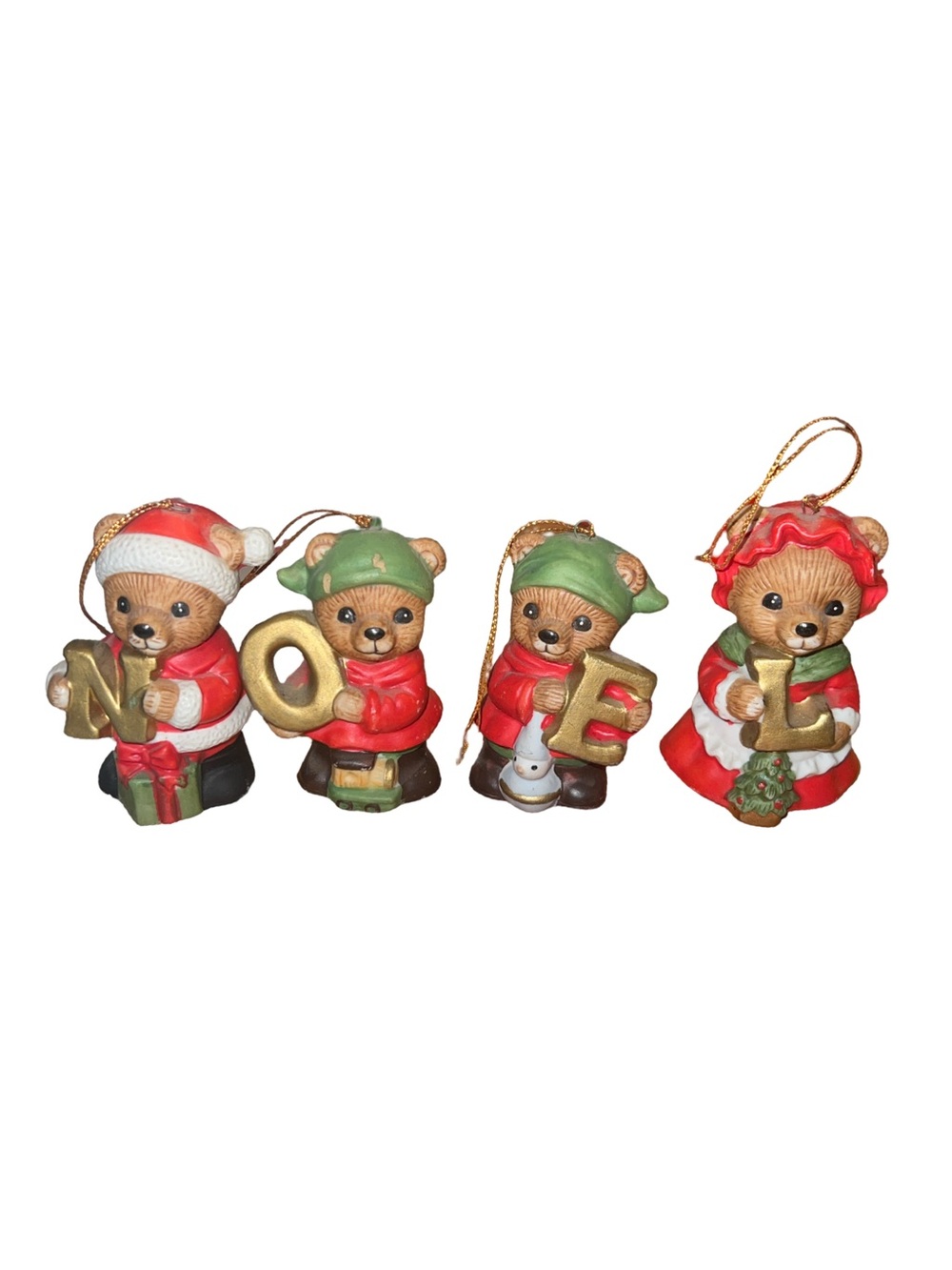 VINTAGE ENESCO NOEL BEAR Holding Letters Ceramic ORNAMENTS Set 4